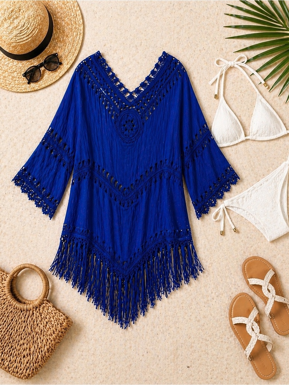 Dasayo Boho Crochet Fringe Swimsuit Cover Up | Royal Blue Beach Cover-Up